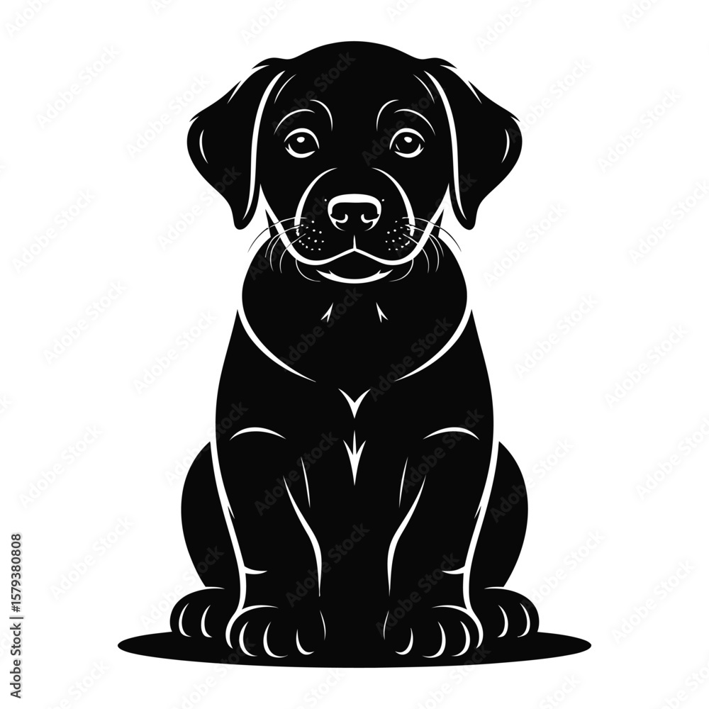 Fototapeta premium Minimalist vector illustration of Labrador Retriever puppy silhouette with oversized paws and floppy ears on gray background