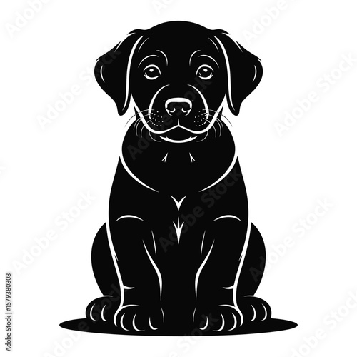 Minimalist vector illustration of Labrador Retriever puppy silhouette with oversized paws and floppy ears on gray background