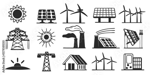 Bundle of 12 Renewable Energy Silhouettes on Transparent Background