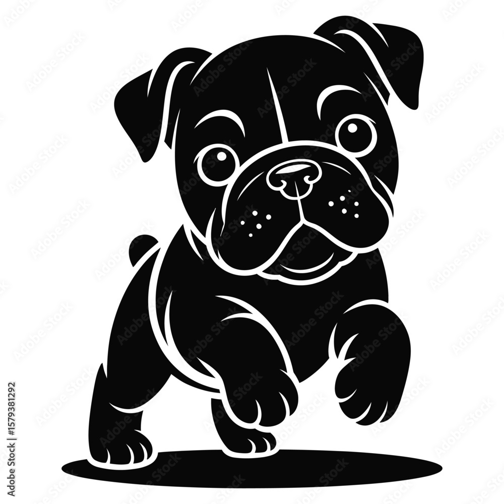 Fototapeta premium Silhouette vector of cute bulldog puppy with oversized head and round body in playful pose, isolated black and white
