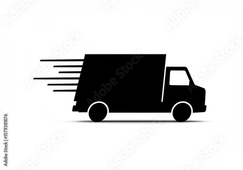 Black silhouette of a delivery truck in motion isolated on white background