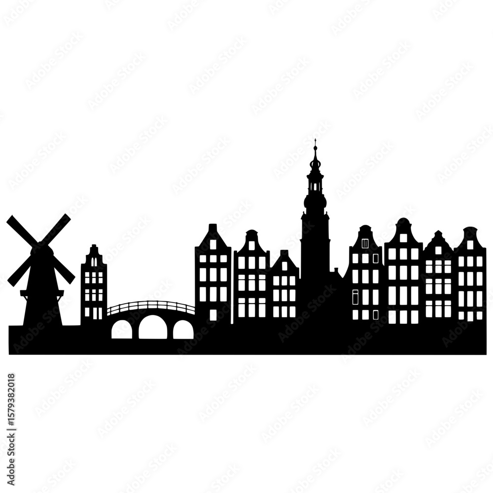 Fototapeta premium Dutch city skyline with windmill and bridge, vector silhouette of amsterdam houses