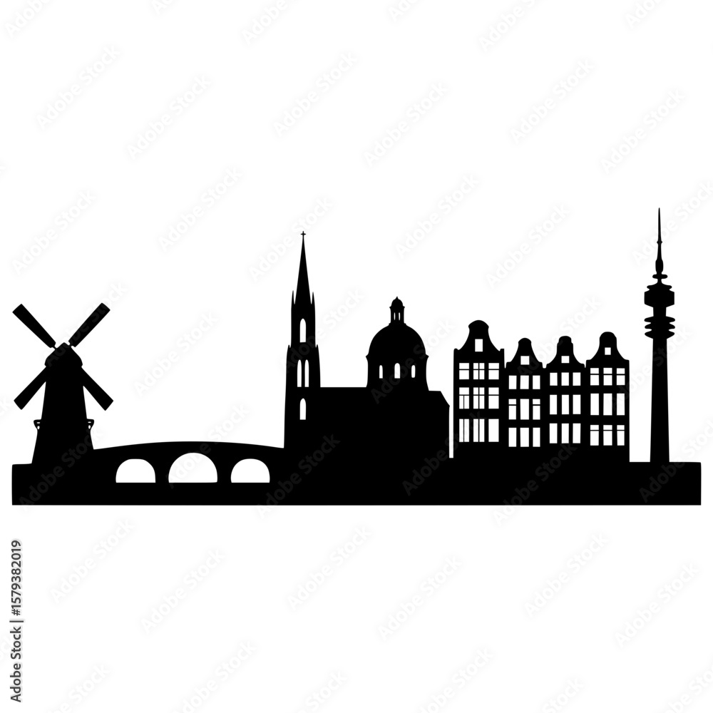 Fototapeta premium European city skyline silhouette with windmill, bridge, cathedral and tv tower, vector illustration