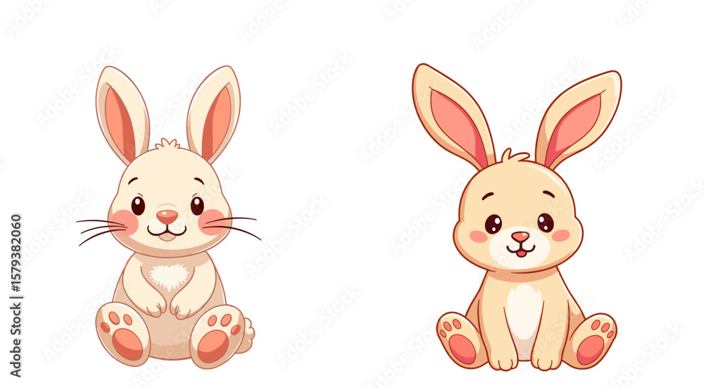Fototapeta premium Cute stuffed bunny characters in pastel colors on isolated background 