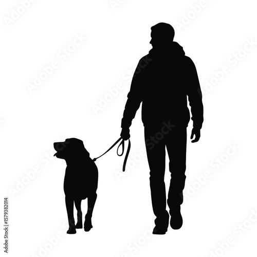 Silhouette vector of Labrador walking on leash with owner representing human and pet companion concept, isolated black and white