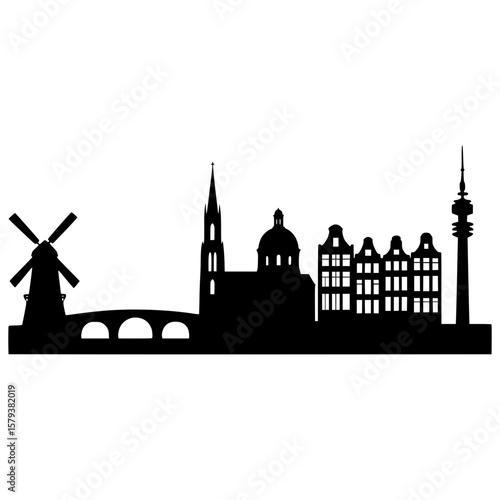 European city skyline silhouette with windmill, bridge, cathedral and tv tower, vector illustration