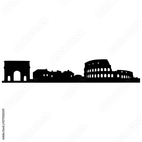 Rome skyline silhouette with colosseum and roman arch, minimalist vector illustration