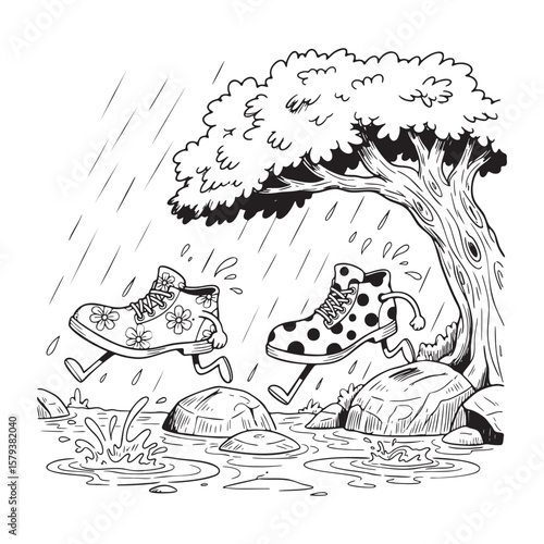 Rainy Day Walking Shoes Outdoor Doodle Scene