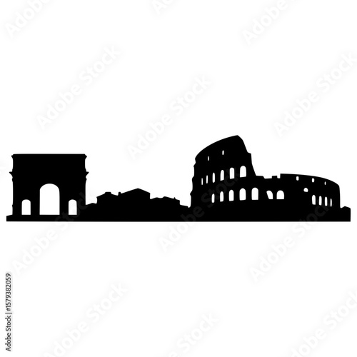 Rome skyline silhouette with colosseum and ancient roman arch, vector illustration