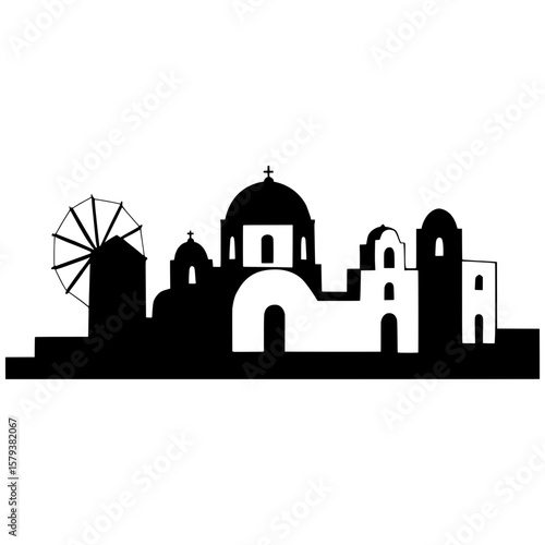 Santorini skyline silhouette with windmill and domed church, vector illustration