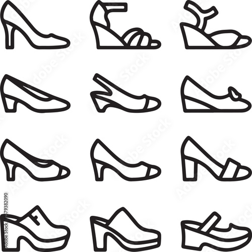 Collection of elegant black high-heel women's shoes and boots, a seamless fashion footwear design illustration