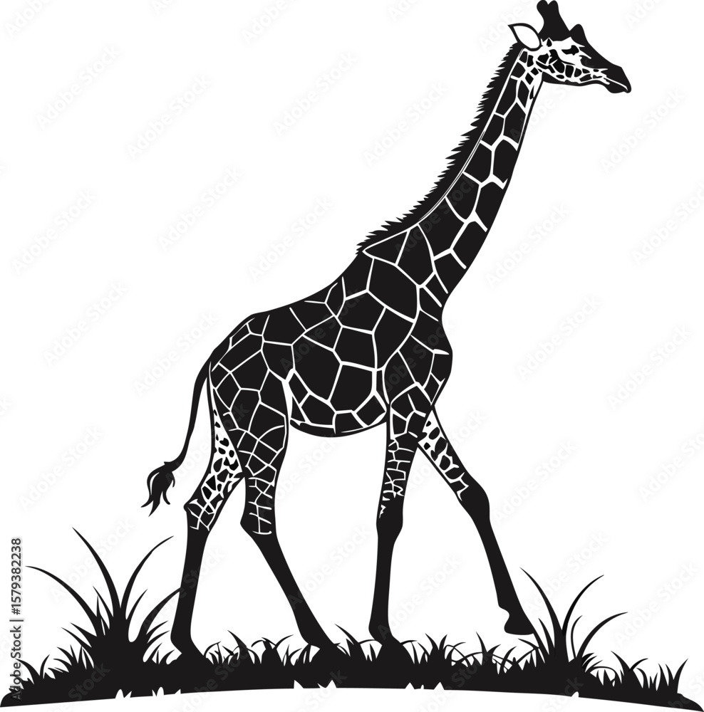 Fototapeta premium Elegant giraffe with distinctive patterned coat walking through tall grass silhouette