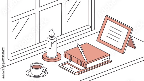 Cozy scene of a lit candle open book with pen cup of coffee and photo frame on a windowsill by a window