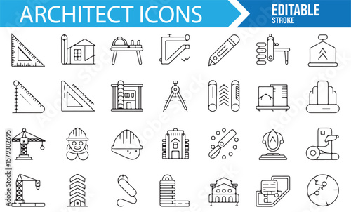 Set of construction and engineering icons for technical design.