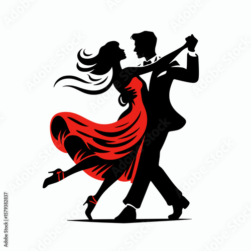 Dancing couple in silhouette with red dress