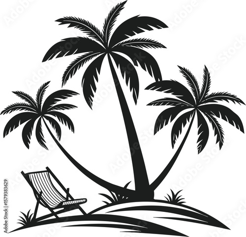 Black silhouette of palm trees and a deckchair  vector illustration