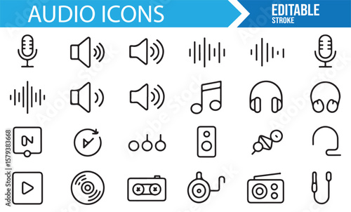 Music player and sound wave icons for digital media projects.
