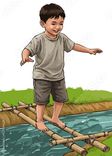 A child crossing a water channel.