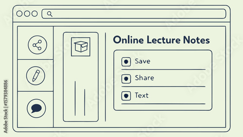 Digital interface for online lecture notes featuring save share and text options with icons for sharing editing and messaging on a light green background