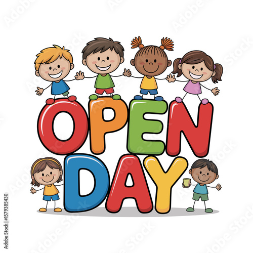 Open Day Welcome: Cheerful cartoon children greet viewers above the large words "OPEN DAY" in this welcoming invitation, conveying a sense of fun and excitement.
