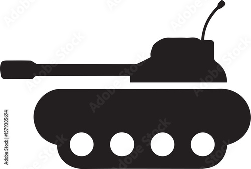 Black silhouette of a military tank with a cannon and antenna vehicle weapon