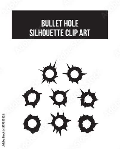 Black starburst hole silhouettes on white background bullet hole