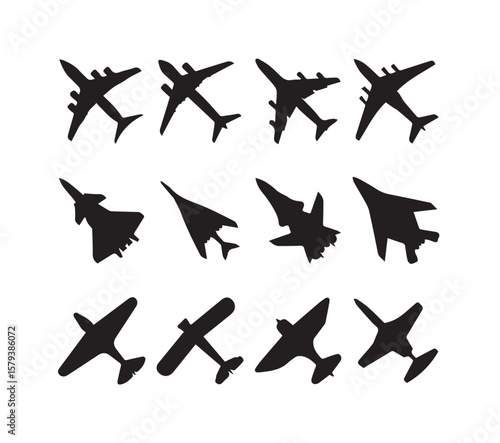 Multiple aircraft silhouettes in black and white airplane fighter jet