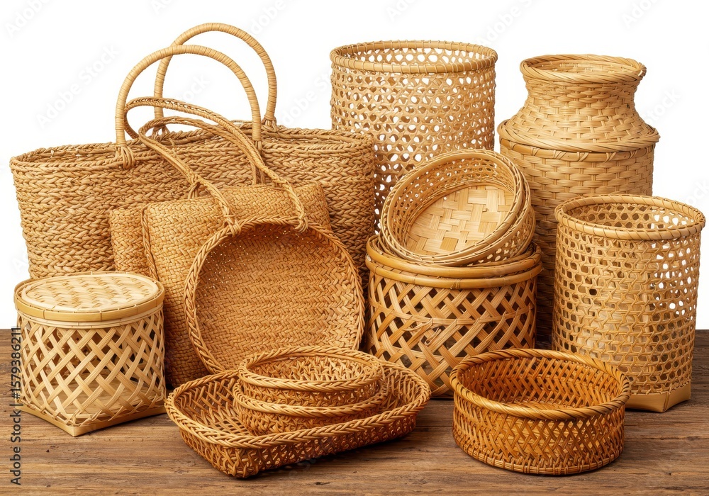 Assortment of woven natural fiber baskets and containers isolated on white background Assortment of woven natural fiber baskets and containers isolated on white background