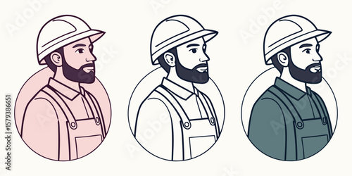 Bearded men wearing hard hats and overalls worker technician