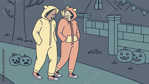 Two happy friends in cute animal onesies walk together at dusk past carved pumpkins and a fence with halloween decorations