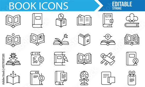 Set of book-related icons for digital library and educational content.