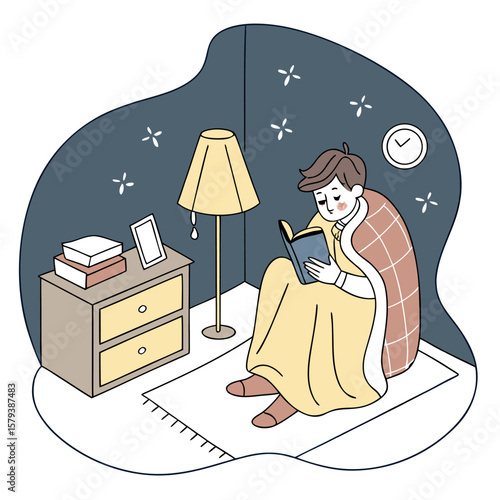 A young person is comfortably reading a book under a cozy blanket in a dimly lit room at night illuminated by a warm bedside lamp