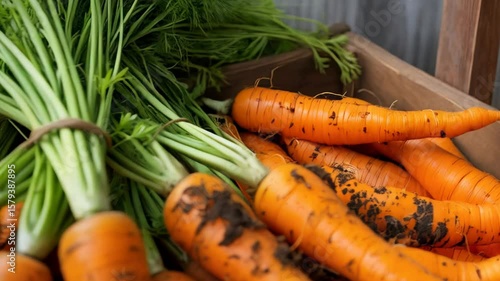 Harvested Carrots in a Wooden Crate: Fresh, Organic Produce Straight from the Garden