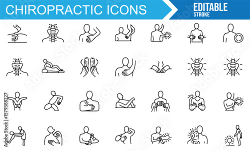 Icons of chiropractic care for back, neck, and spinal treatments.