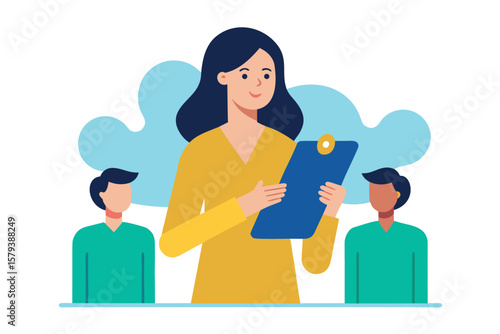 Woman with clipboard overseeing two men in a meeting or evaluation