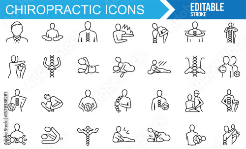 Various chiropractic therapy icons for body posture, back pain, and physical health.