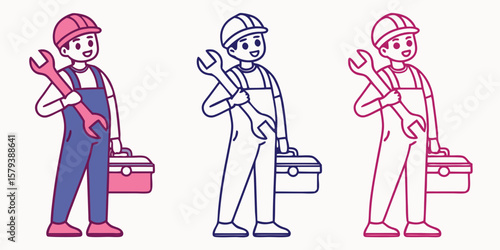 Cheerful workers holding wrenches and toolboxes technician