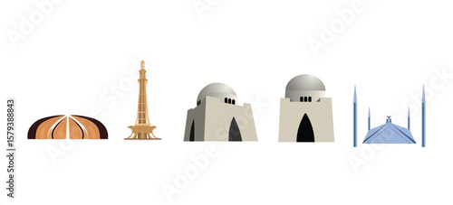 Set of Pakistan landmarks vector illustration on white isolated