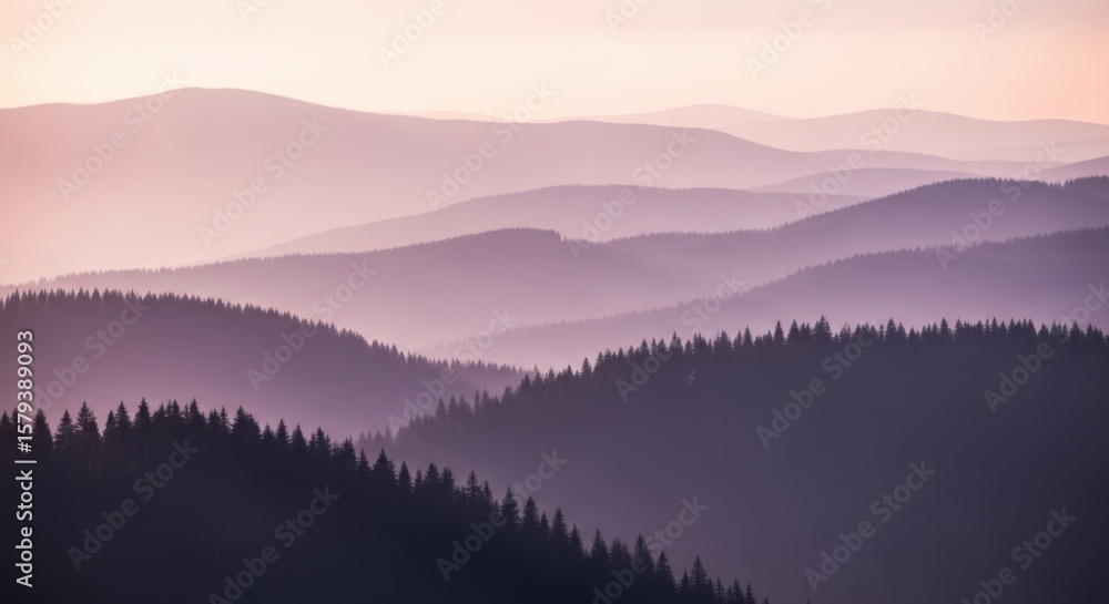 Fototapeta premium Layered mountain ridges covered in trees at dusk with a gentle light haze
