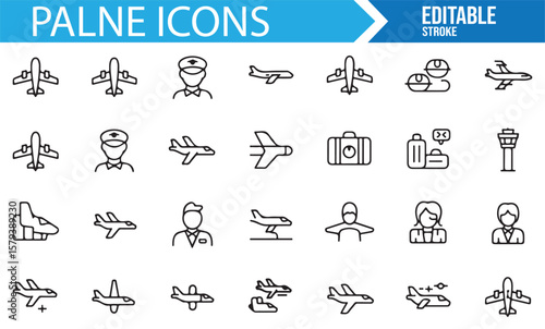 Airplane, pilot, and airport symbols for aviation, travel, and transportation content.