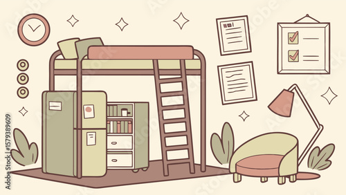 Cozy minimalist dorm room interior featuring a loft bed with a ladder a refrigerator open shelving a comfortable armchair a floor lamp and wall decorations