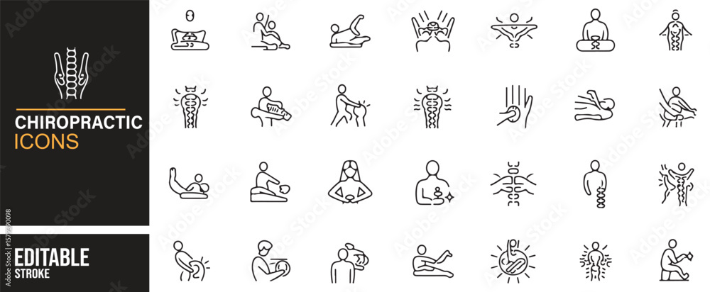 Fototapeta premium Collection of Editable Spinal Adjustment and Chiropractic Treatment Icons