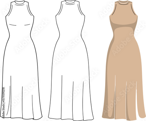 Elegant women's sleeveless maxi dress fashion illustration, showcasing a sophisticated design with a high neckline and flowing silhouette in outline and beige rendered versions, perfect for ,garment.