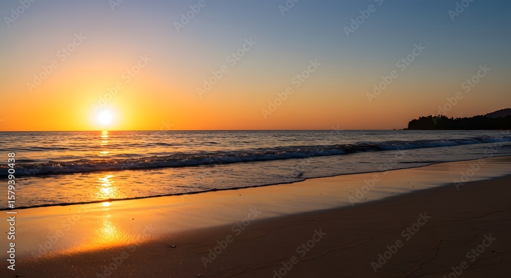 Obraz premium Serene beach sunset with golden light reflecting on tranquil ocean waves and wet sand