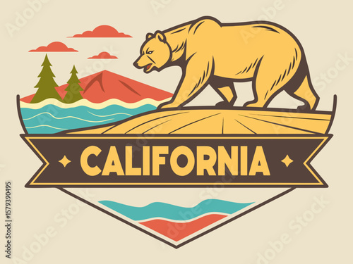 California State Symbol Graphic with Palm Trees and Bear