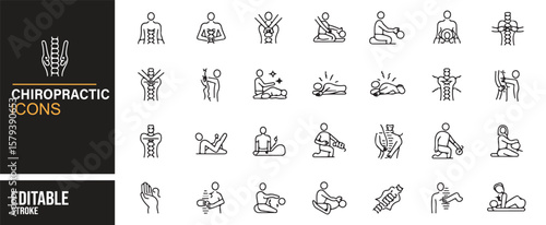  A collection of editable chiropractic icons, showcasing various chiropractic treatment and therapy symbols, including spinal adjustments, pain relief techniques, posture correction, and massage thera