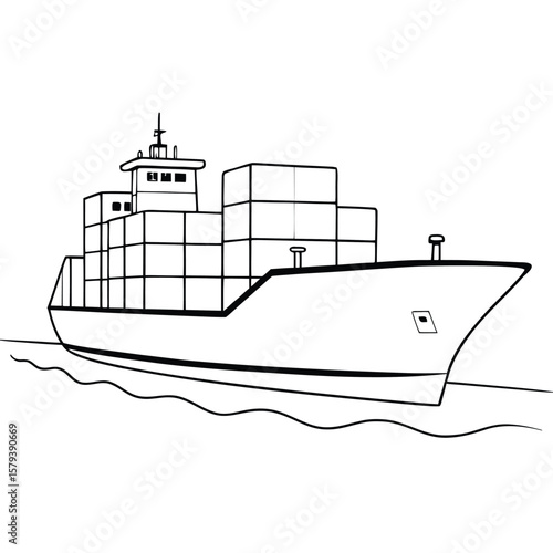 Black and white line art illustration of a cargo ship carrying shipping containers on stylized ocean waves