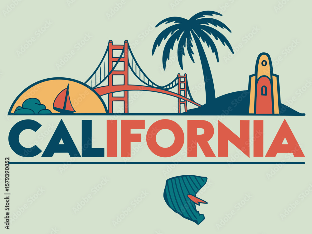 Obraz premium California State Symbol Graphic with Palm Trees and Bear