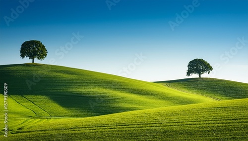 two trees on rolling green hills under a clear sky