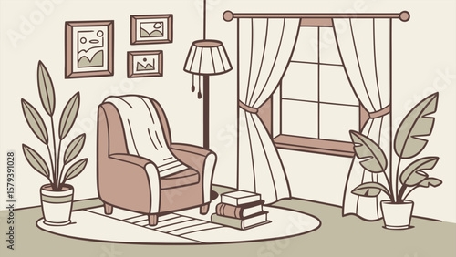 Cozy living room scene with a comfortable armchair draped with a blanket framed pictures on the wall a floor lamp and potted plants near a window with curtains